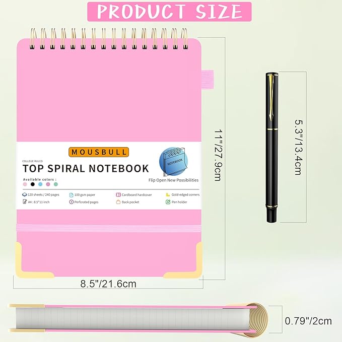Top Spiral Notebook, A4 Hardcover Top Bound Steno Pads, 240 Pages 100gsm College Ruled Left Handed Notebook Journal for Work, School, Meeting Writing - Pink, 8.5" x 11"