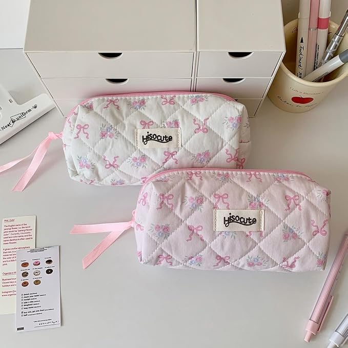 Carry bloom Pencil Pouch Cute Pencil Case for Girls Aesthetic Pencil Bag with Zipper Pen Cases School Supplies Makeup Bag (bow flower pink)