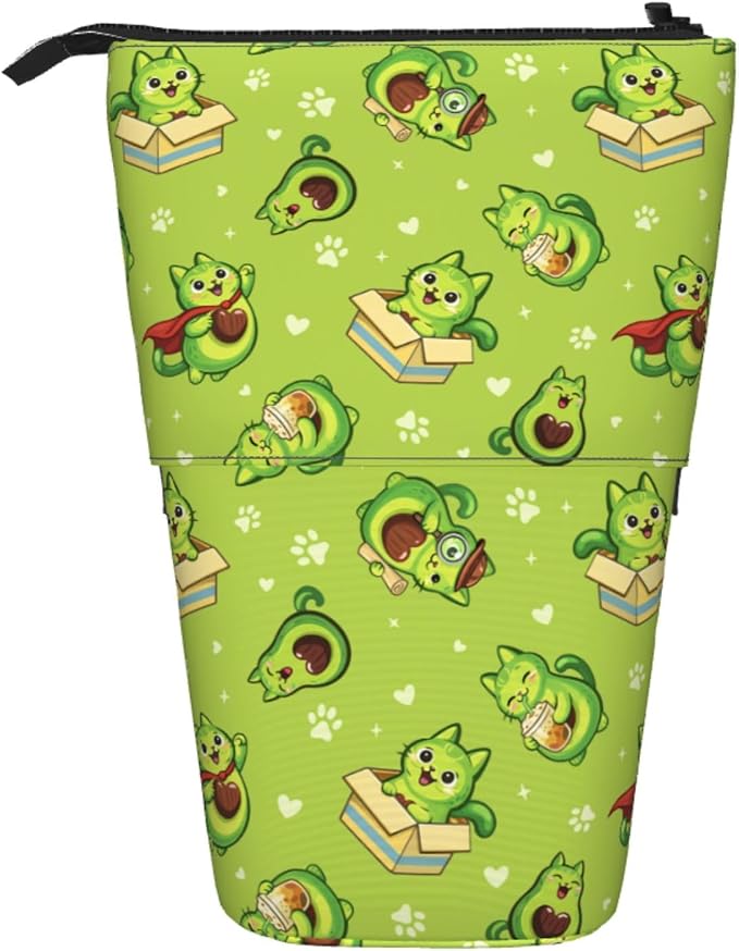 Green Avocado Cat Kids Standing Pencil Case Girls Boys Telescopic Stationary Pouch with Zipper Large Capacity Stand up Pen Bag Portable Makeup Holder for Children School Students Office Supplies