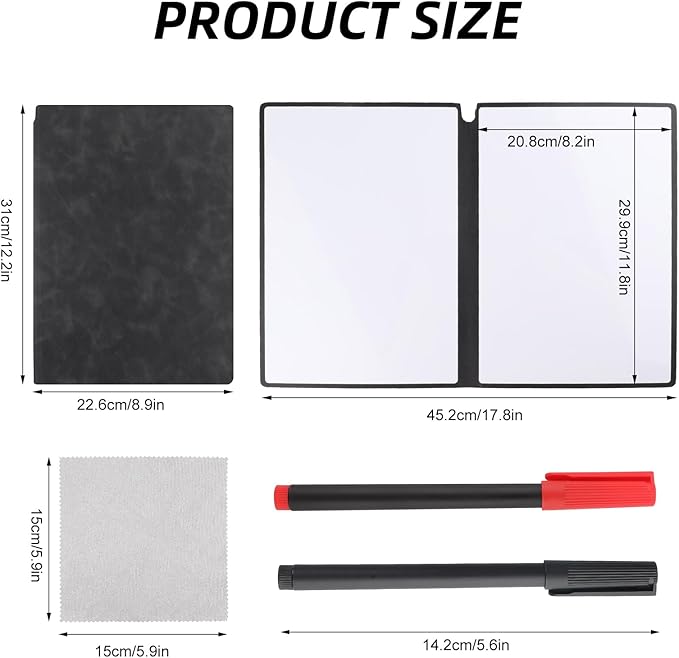 A4 Portable Whiteboard Notebook,12" x 9" Double Sided Dry Erase Board with Two Pens,Folding Reusable Writing Pad for Office Meetings,School,Planning,Travel,PU Cover(Black)