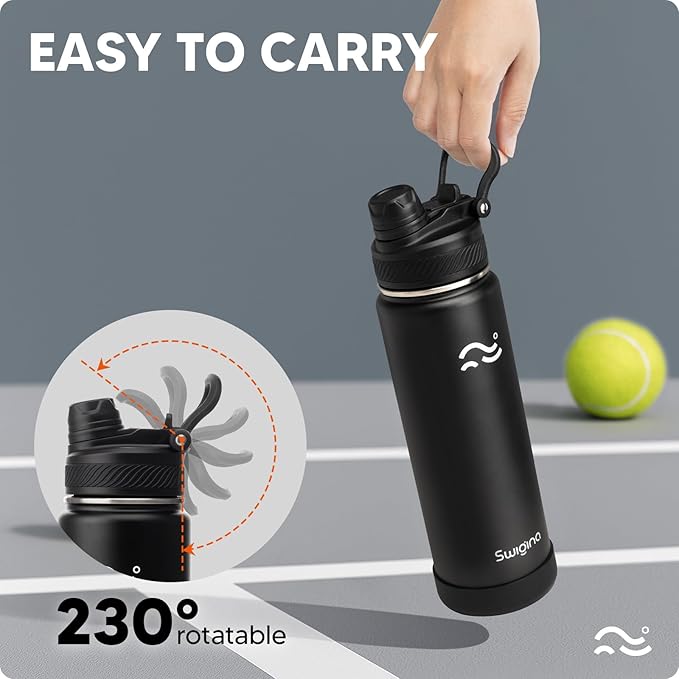 Swigina Insulated Water Bottle with Silicone Boot (36hrs Cold/18hrs Hot) - DIY Stickers, Leakproof, BPA Free, Black, 24 oz [2-IN-1 LID]