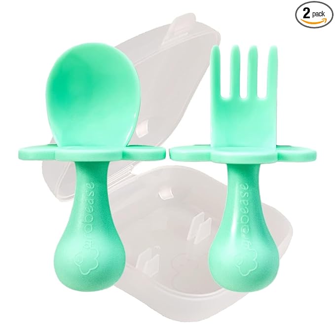 Grabease Baby Silverware Set - Toddler Spoon for Self-Feeding Support - Anti-Choke Collar Infant Fork - Phthalate-Free Construction Baby Feeding Utensils - Mint, Plastic, Pack of 1