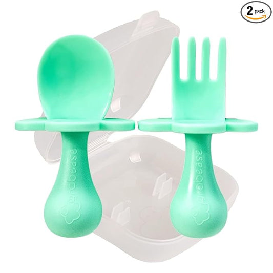 Grabease Baby Silverware Set - Toddler Spoon for Self-Feeding Support - Anti-Choke Collar Infant Fork - Phthalate-Free Construction Baby Feeding Utensils - Mint, Plastic, Pack of 1