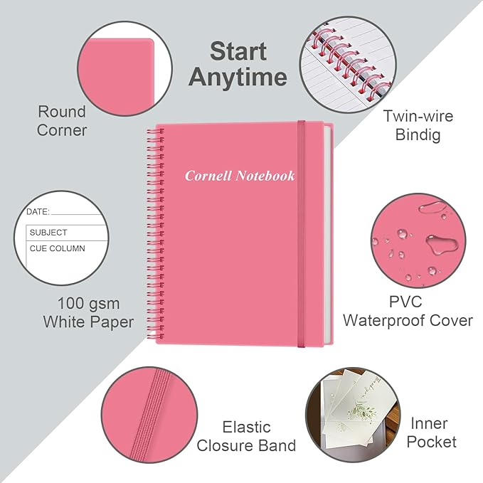 Yaridar A4 Cornell Notes Notebook - College Spiral Cornell Notebooks for Note Taking, Subject Ruled Steno Pads for Office/School/College/Home, 8.5" x 11", Pink