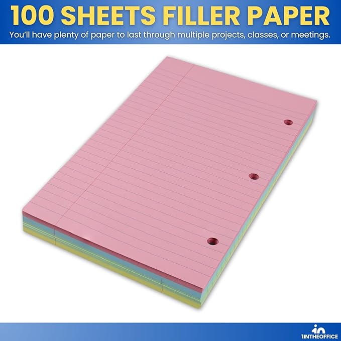 1InTheOffice 5.5 x 8.5 Paper, Pastel, College Ruled Mini Binder Paper, Loose Leaf Paper, Assorted Color, 100 Pack