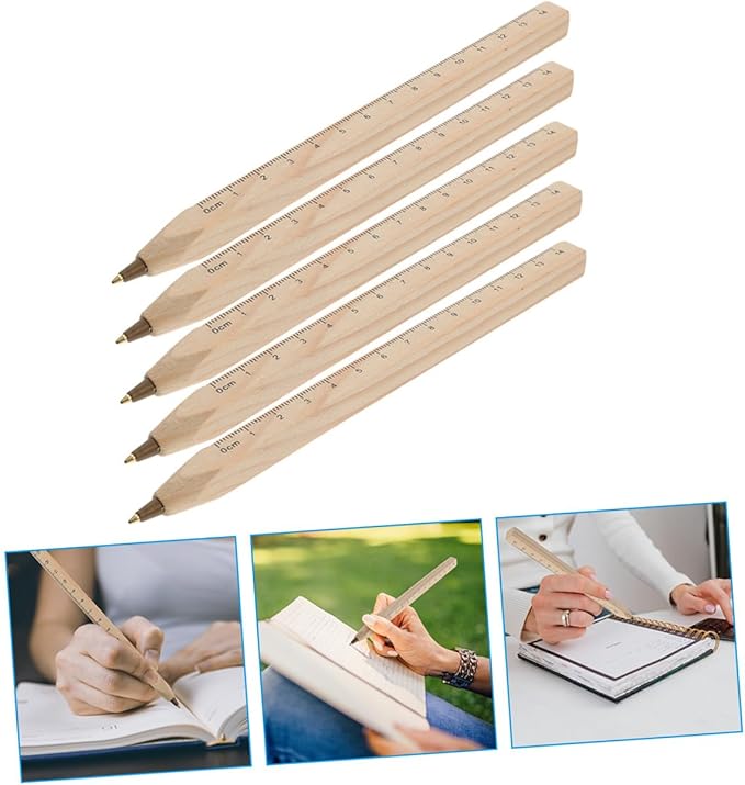 20pcs Black Wooden Ballpoint Pens with Ruler Printed Scale, Natural Biodegradable Carpenter Writing Pens for Technical Drawing and Woodwork Supplies