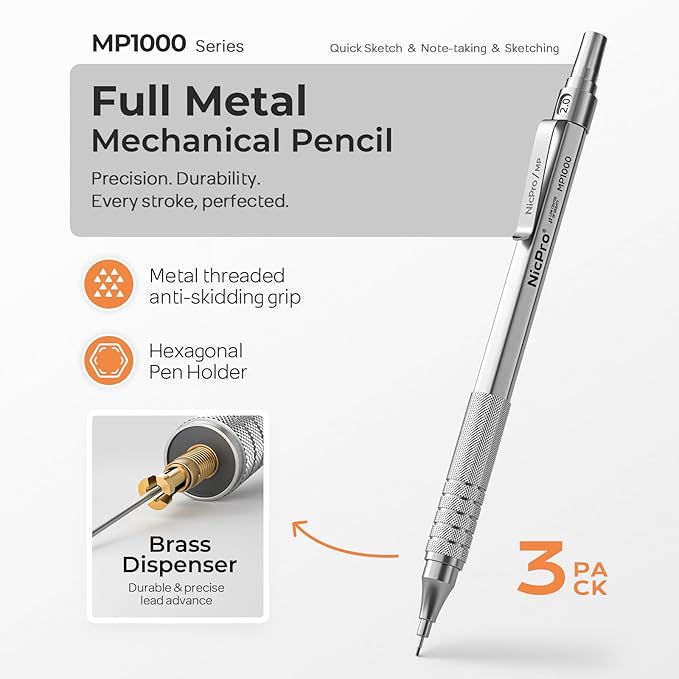 Nicpro Metal 2.0 Mechanical Pencil Set with Case, 3 PCS Drafting Lead Holder with 10 Tubes 2mm Graphite Lead Refill(HB 2H 4H 2B 4B) &Colors, Sharpeners, Erasers for Artist Writing, Drawing, Sketching