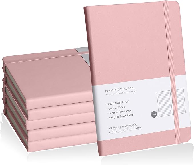 Lined Journal Notebook, 6Pack Hardcover Notebook for Men & Women – Journals for Writing, Work, School, Home & Daily Notes, 160 Pages – Medium A5, 5.7"x8", 100 gsm Thick Paper (pink)