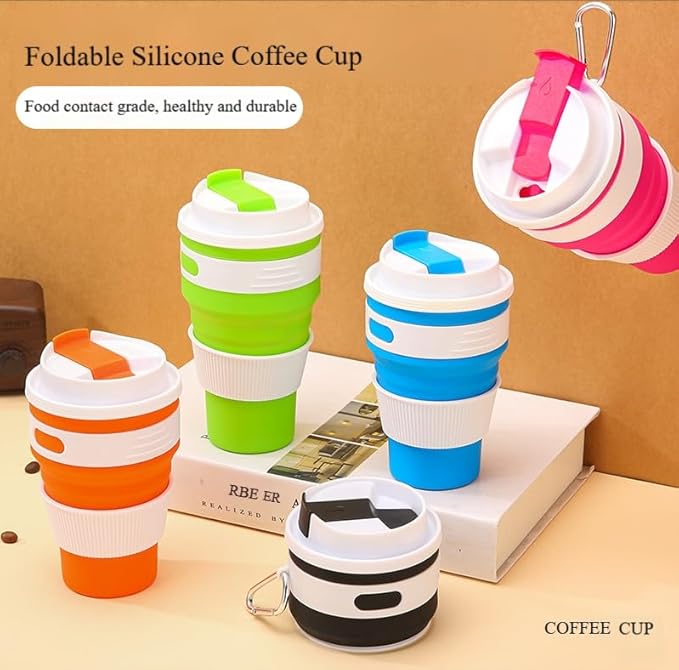 Foldable silicone coffee cup, 16 oz portable eco-friendly water cup with double lids, storage with hanging ring to save space, suitable for outdoor hiking, camping, cycling, car use (Green 420ML)