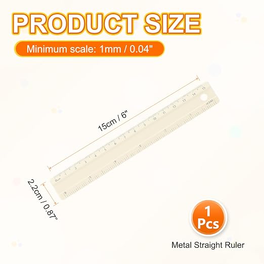 HARFINGTON Metal Straight Ruler 6 Inch(15cm) Metric Aluminum Alloy Measuring Rulers Scale Tool with Hole for Measure Study Reading Classroom Office, Beige