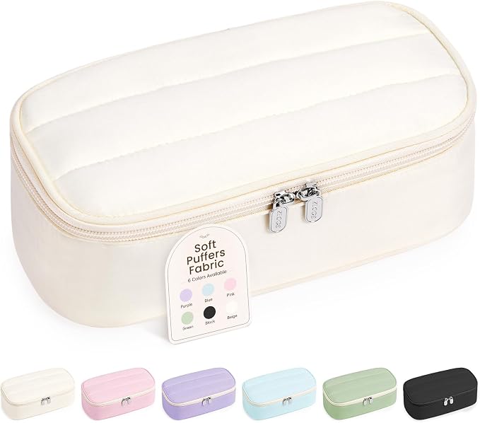 Sooez Cute Pencil Case, Soft Puffers Pencil Pouch, Large Pen Pencil Bag | Zipper Pen Case, Aesthetic Pen Pouch, Colored Stationery Storage & Organizer, School Supplies for Teen Girl Students, Beige