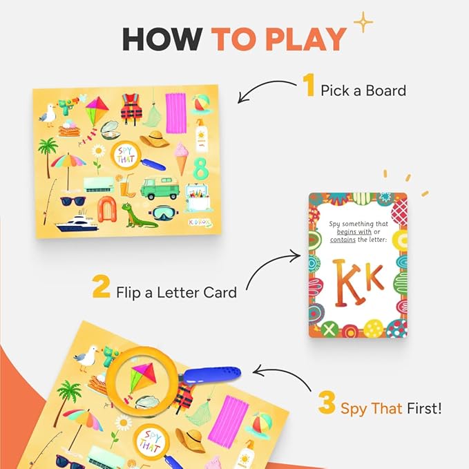 Flashcards Spy that! by Kidrox Squad – Spy that Letter Game for Kids Ages 3+, 20 Double-Sided Picture Search Boards with 400+ Objects, Alphabet Learning Game for Toddlers and Families