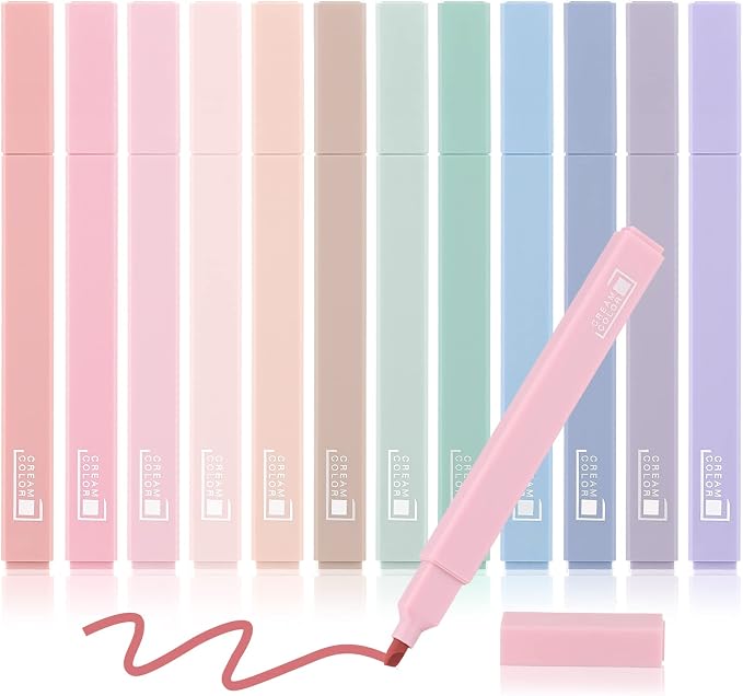 Chinco 12 Pieces Aesthetic Bible Highlighters and Pens | Cream Pastel Set, No Bleed with Chisel Tip Pastel Markers, Multicolor Kawaii Stationery, Office School Supplies