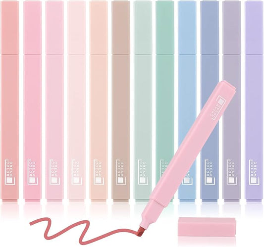 Chinco 12 Pieces Aesthetic Bible Highlighters and Pens | Cream Pastel Set, No Bleed with Chisel Tip Pastel Markers, Multicolor Kawaii Stationery, Office School Supplies