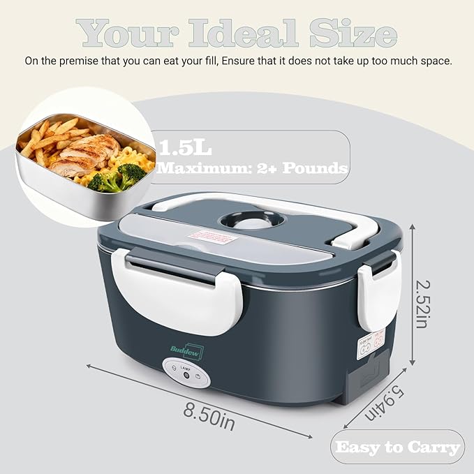 Buddew Electric Heated Lunch Box, 80W Fast Heating, 1.5L Food-Grade 304 Stainless Steel, 12V/24V/110V Portable Food Warmer for Car Truck Office Adults, Lonchera Electrica Portatil (White)