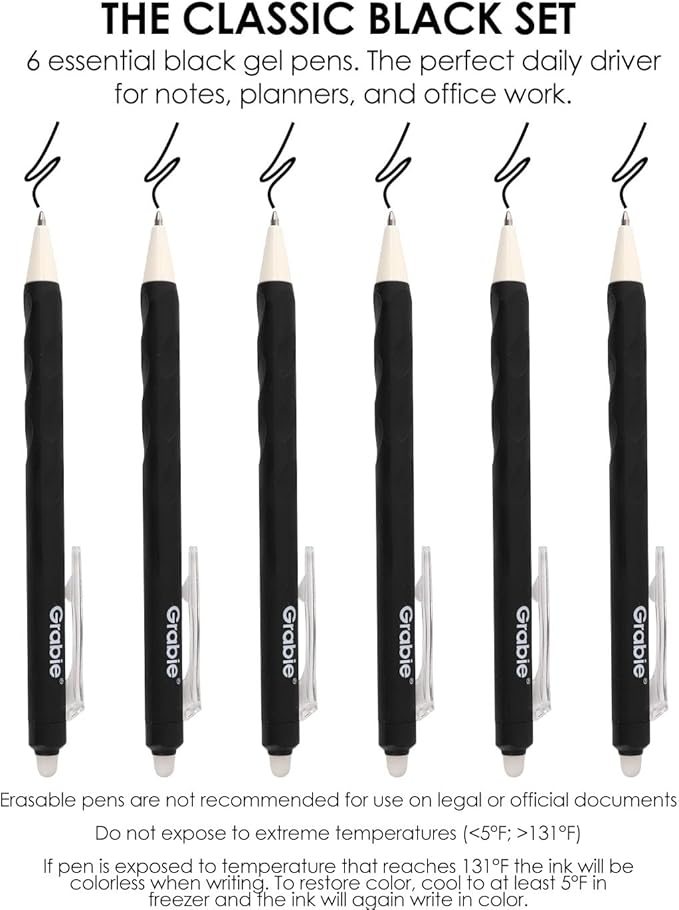 Grabie Erasable Gel Pens, Medium Point 0.7 mm Erasable Pens, Make Mistakes Disappear for Drawing Writing Planner, Pack of 6, Black