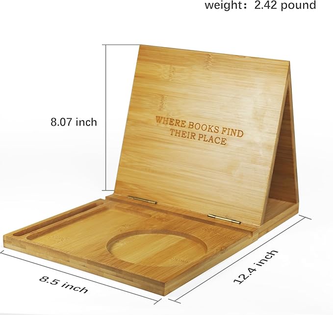 ZenRich Bamboo Wooden Book Stand Holder - Unique Book Nook Reading Valet with Cup, Glasses & Pen/Tablet/Kindle Holder. Foldable Bookmark - Ideal for Lovers