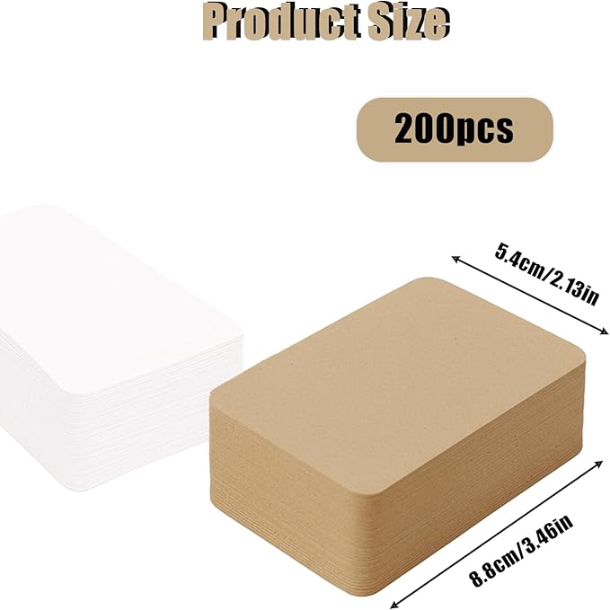 200 Pcs Blank White & Kraft Paper Round Corner Flash Card, Small Index Cards, DIY Hard Card Stock for Memo Notes, Word Learning, Word Message Gift Flash Paper, 3.5” X 2.1” (White + Kraft Paper)