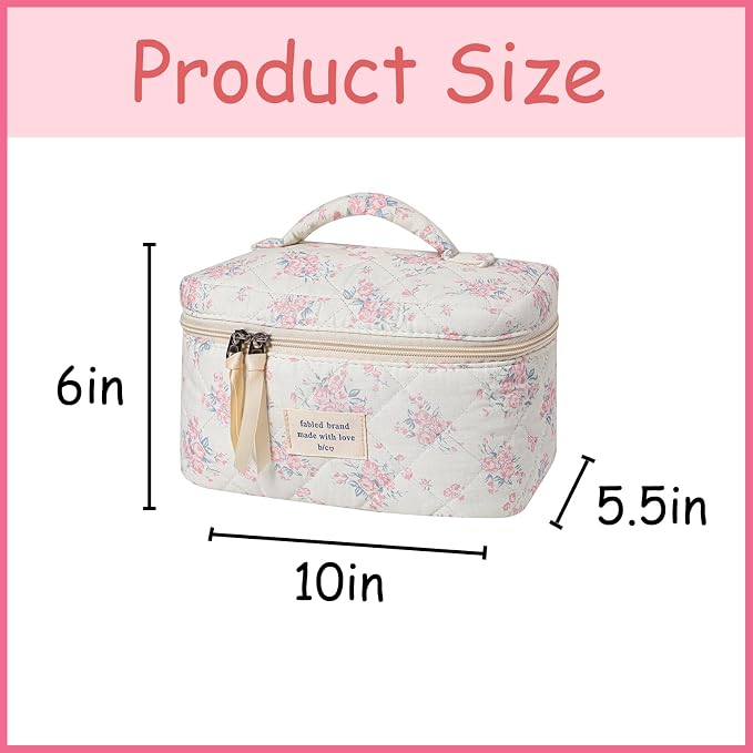 uekeboag Large Travel Quilted Makeup Bag for Women | Soft Floral Cotton Cosmetic Bag, Foldable Coquette Aesthetic Toiletry Organizer