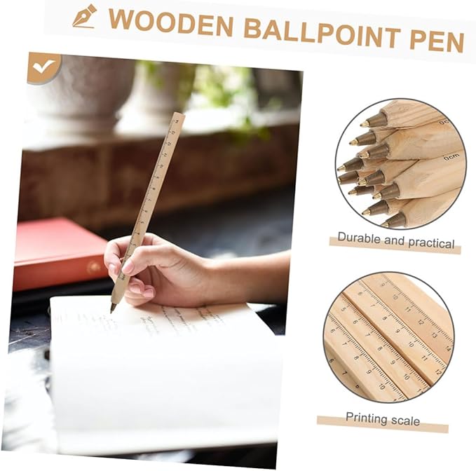 Kichvoe 6pcs Black Wooden Ballpoint Pens with Ruler Print, Natural Biodegradable Carpenter Marking Pens for Engineering Drawing and Woodwork Measurement