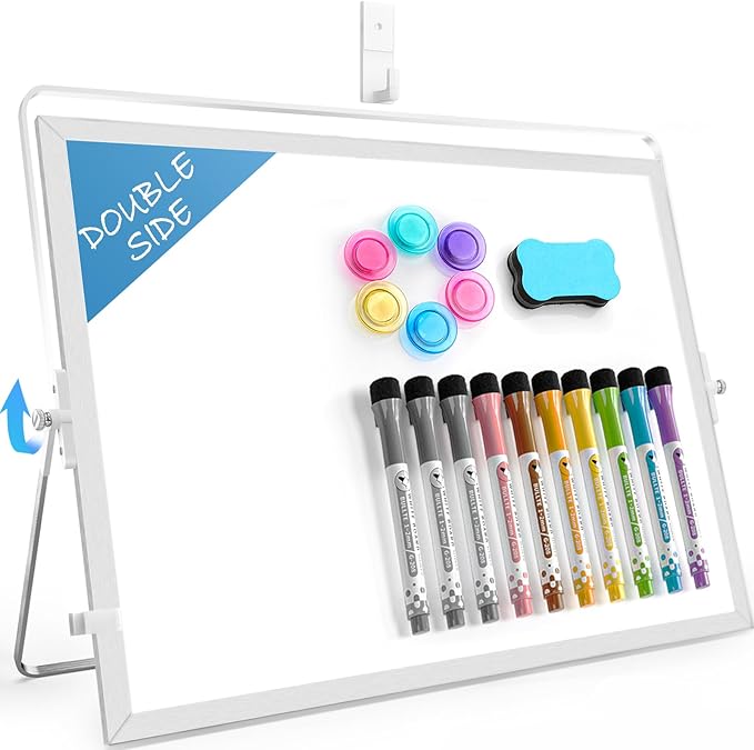 MaxGear White Board for Wall and Desktop Stand, 16" x 12" Large Double-Sided Dry Erase Board, 10 Markers, 6 Magnets, 1 Eraser, 1 Pen Clip, 1 Wall Nail, Portable Tabletop Whiteboard for Home, Office