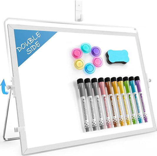 MaxGear White Board for Wall and Desktop Stand, 16" x 12" Large Double-Sided Dry Erase Board, 10 Markers, 6 Magnets, 1 Eraser, 1 Pen Clip, 1 Wall Nail, Portable Tabletop Whiteboard for Home, Office