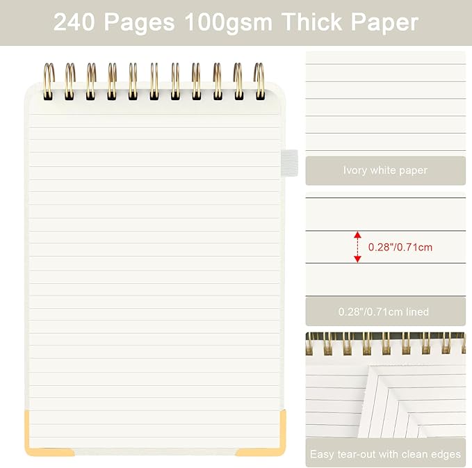 Aesthetic Top Spiral Notebook, A5 Linen Hardcover Top Bound Steno Pads, 240 Pages 100gsm Thick Lined Paper Left Handed Notebook Journal for Work, School, Church Writing - Beige, 5.9" x 8.5"