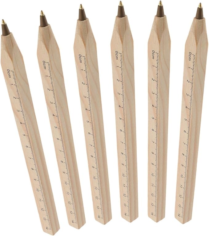 COHEALI 6pcs Black Ballpoint Pens with Wood Ruler and Industrial Carpenter Ink, Biodegradable Solid Wood Ball Pen Set for Professional Drawing and Office Use