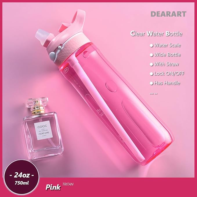 DEARART 2 Packs Black & Pink Water Bottles With Straw, 100% Leak Proof Has Handle Easy Carried Lockable Lid, For Travel Office Gym Home, 24oz (750ml)
