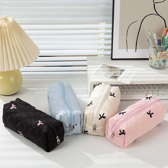 Carry bloom Pencil Pouch Cute Pencil Case for Girls Aesthetic Pencil Bag with Zipper Pen Cases School Supplies Makeup Bag (Bow beige)
