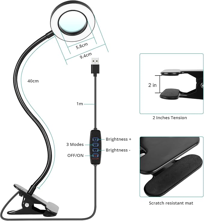 Woputne 5X Magnifying Glass Desk Clip Lamp, 10 Brightness, 3 Color Modes, 5V/2A Adapter Included – Clamp Light for Reading, Crafting, Close Work (Black)