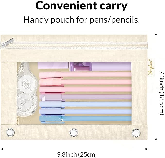 SKYDUE Pencil Pouch for 3 Ring Binder, 9.8" x 7.3" Clear Window Pencil Bag | Zipper Pencil Pouches for Girls Boys, Pencil Pouch with 3 Reinforced Grommets, Durable Organizer for School Supplies