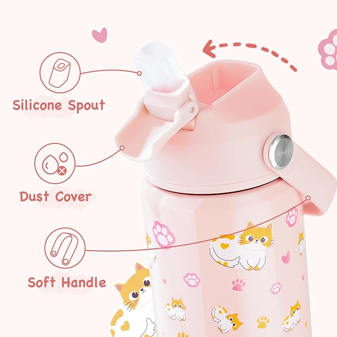 Kerilyn 12oz Kids Water Bottle, Stainless Steel Insulated Water Bottle For Kids, Toddler Cup With Straws Leak-proof, Kids Water Bottles For School Boys Girls, BPA Free, Kitty