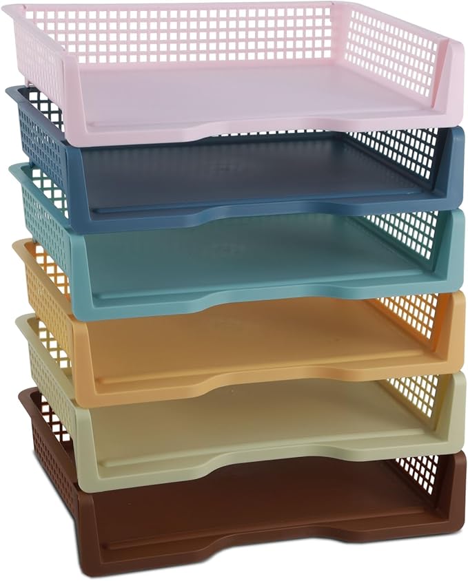 gisgfim 6 Pcs Turn in Trays Classroom Retro Paper Tray for Classroom Organization and Storage Stackable Plastic Book Baskets Turn in Bins Teacher Organizers for Library Drawers School Office Desk