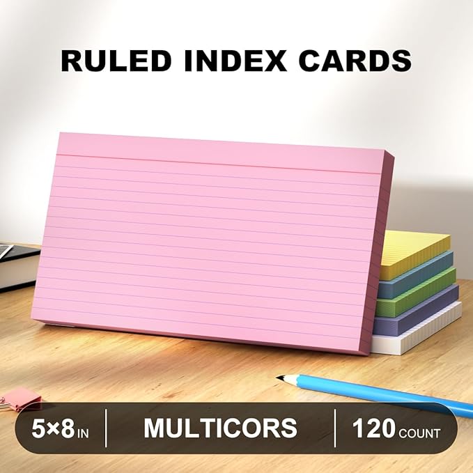 120 Count Colored Index Cards 5x8 Lined Colorful Notecards 6 Color Lined Flashcards for Studying 5 x 8 Index Cue Cards Ruled Notecards Multicolor Note Cards Flash Cards for Notes Office School Recipes