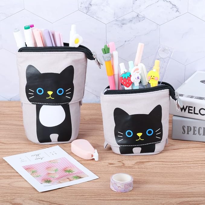 iSuperb Standing Pencil Pouch Pencil Case Cute Cat Telescopic with Zipper Canvas Kwaii Cartoon Pencil Bag Stationery Box for Kids Girls Boys School Supplies 7.5 x 4.9 x 3.0inch/4.1x 3.0inch