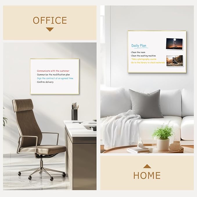 Magnetic Whiteboard, 24"x18" Gold Aluminum Frame Dry Erase White Board for Wall, Hanging Wipe Board with 6 Magnets, 4 Markers & 1 Eraser for Home, Office, School