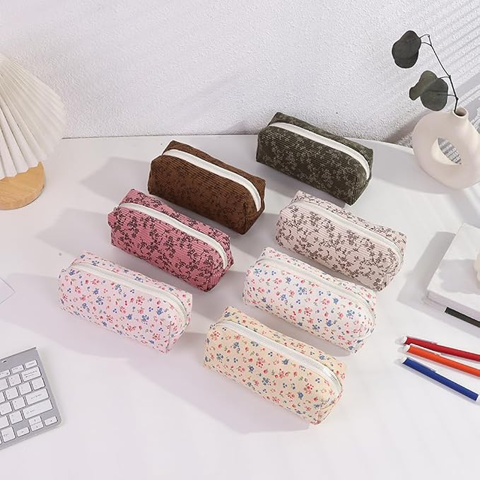 Corduroy Pencil Case for Girls Kids Large Capacity Aesthetic Pen Pouch Makeup Bag Cosmetic Organizer Cute Stationery Storage Bag for School Office Travel Minimalist Pencil Box (Floral-D)