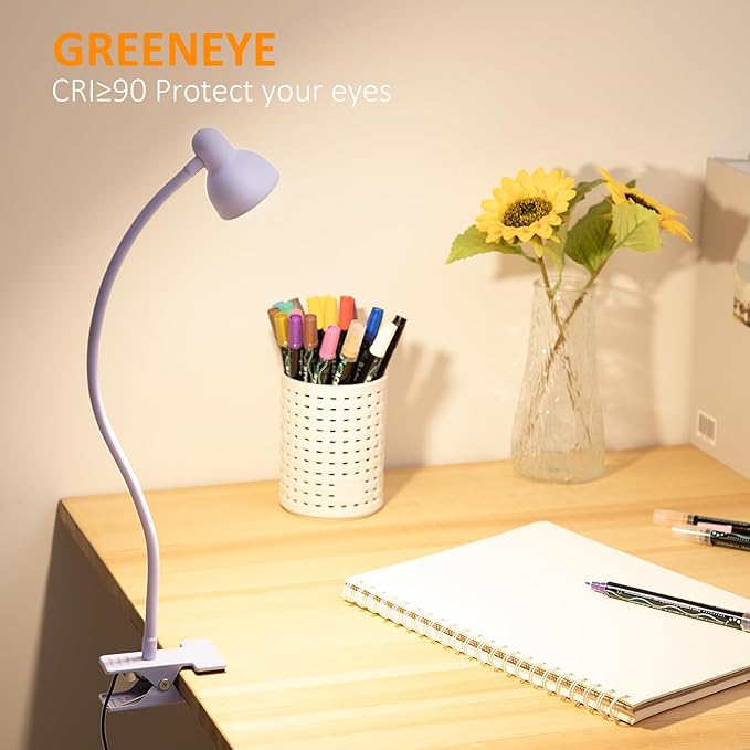 Clip on Lamp USB Reading Light, 3 Color Modes, 10 Brightness Dimmable, Flexible Gooseneck Desk Lamp with Clamp, Eye Care Clip on Light for Bed Headboard Desk Home Dorm Purple
