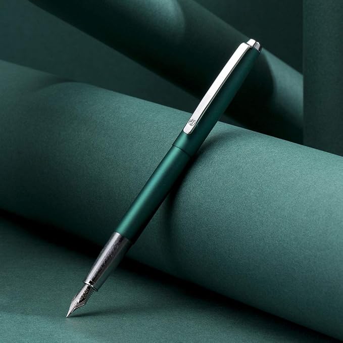 HongDian 525 Green Metal Fountain Pen Bent Nib, Calligraphy Fude Pen 0.6mm with Converter and Metal Box Set