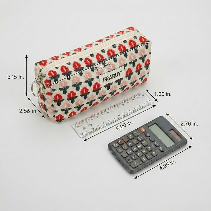 Soft Corduroy Pencil Case Pen Pouch Organizer, Small Stationery Bag | Cute little red flower pencil pouch, smooth zipper, daily cosmetics holder, compact organizer for school teen girls, women