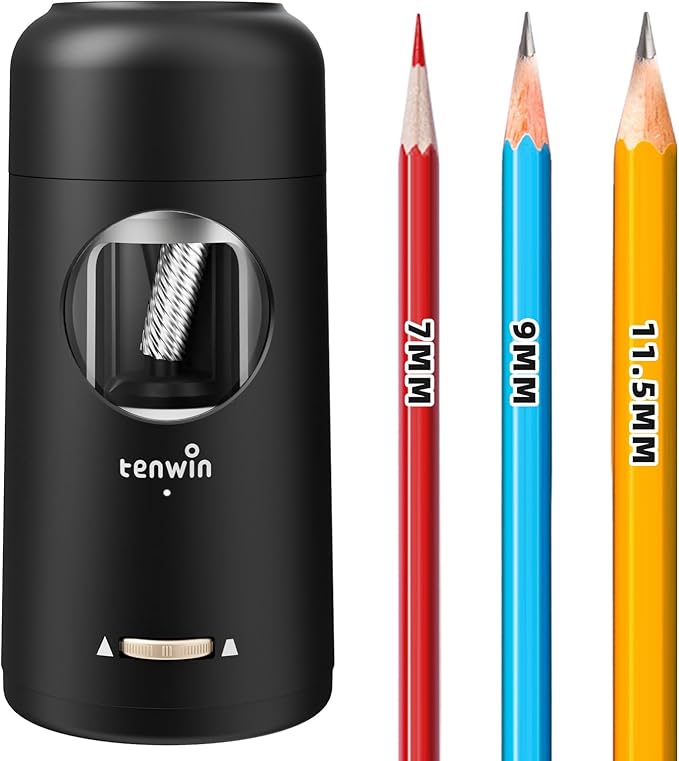 tenwin Rechargeable Electric Pencil Sharpener, Fully Automatic Pencil Sharpener for 7-11.5mm Pencils, Hands-Free Sharpener for Colored Pencils, Auto in&Out, Adjustable Pencil Nibs, Black