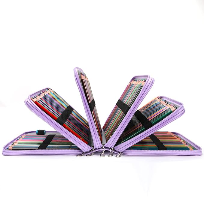Vomgomfom 252 Slots Pencil Bag, 5-Layer Zipper Art Supply Organizer, PU Leather Portable Colored Pencil Case with Handle for 252 Watercolor Pens, Gel Pens (Purple)