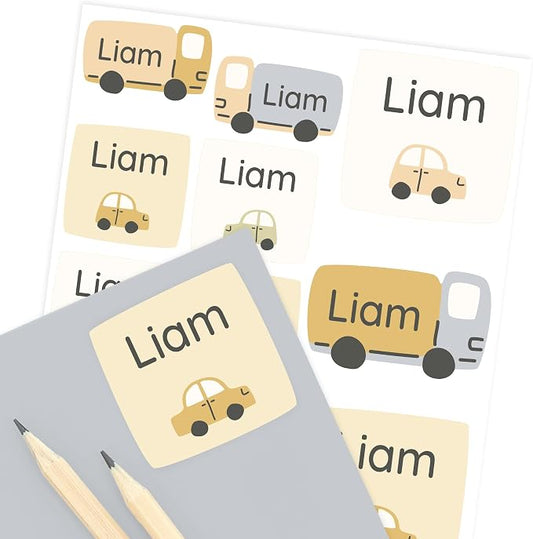 Camp Name Labels for Kids (33) – Custom Waterproof Stickers for Water Bottles, Lunch Boxes, Daycare & School with Unique Designs - Toy Cars