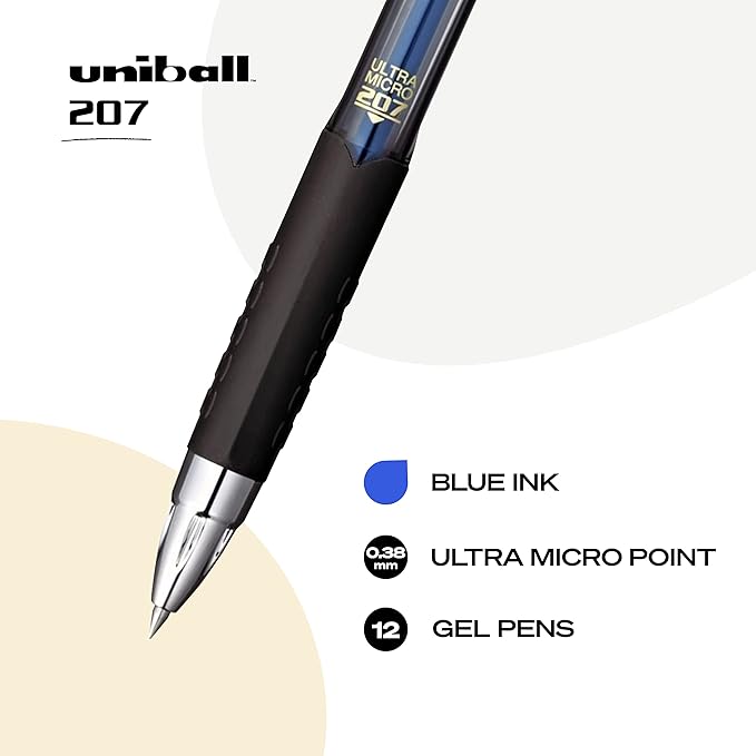uniball 207 Retractable Gel Pens, Ultra Micro Point (0.38mm), Blue, 12 Pack