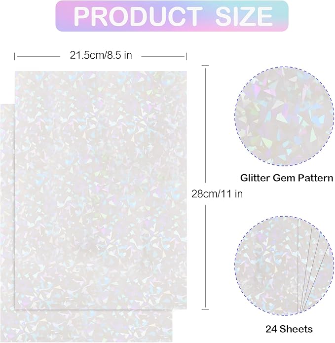 36 Sheets Holographic Laminate Sheets Clear Holographic Sticker Paper Self Adhesive Laminating Sheets Transparent Glitter Waterproof Vinyl Film for Sticker Paper, 8.5 x 11 inch Gem Patterns
