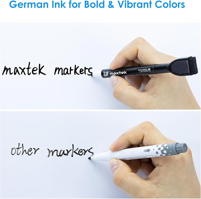 maxtek Magnetic Black Dry Erase Markers, 12 Count Fine Tip Whiteboard Markers with Eraser, Thin Markers Low Odor for Classroom, Office, Home