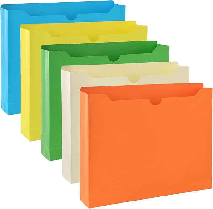zmybcpack 25 Pack 2 Inch File Jackets, 230gsm Expansion Pocket File Folders, Letter Size Expandable File Folders for Home, Office, Classroom (Assorted Colors, Straight Cut Tab)