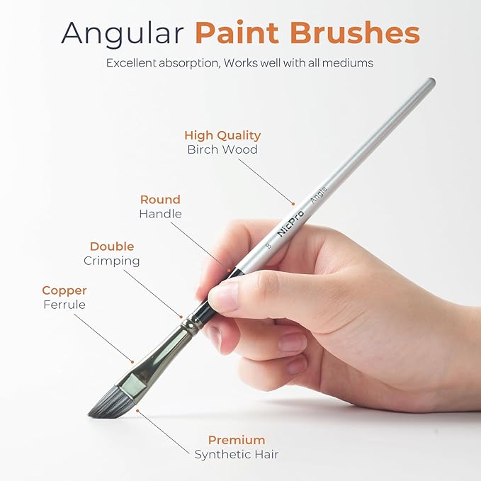 Nicpro 10 PCS Angular Paint Brush Set, Nylon Hair Angled Paint Brushes for Acrylic, Watercolor, Oil, Gouache, Craft, Detail Face Body Art Painting, Base Coating, Artist Paintbrush Kit for Kid & Adult