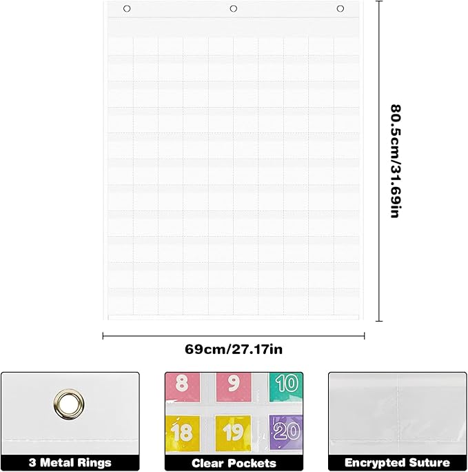 Hundred Pocket Chart, Hundreds Chart with 139 Number Cards Counting Pocket Chart Number Chart 1-100 for Kids for Wall Classroom Counting Organizer for Teacher Kids Classroom Home(White)
